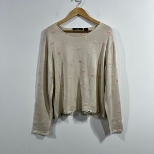 Orvis Vintage Womens Silk Floral Embroidered Knit Sweater Large Cottagecore Boho